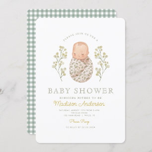 Aquarell-Baby Weiße Blumen Elegante Babyparty Einladung