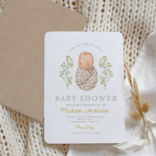 Aquarell-Baby Weiße Blumen Elegante Babyparty Einladung