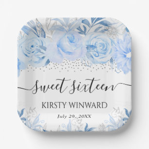 Aquarell Babyblau Winterblumen Sweet Sixteen Pappteller