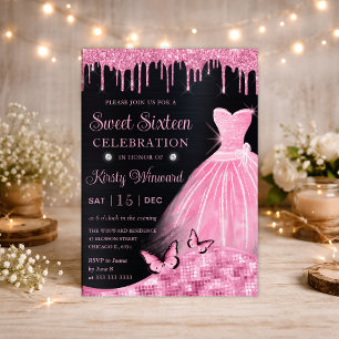 Aquarell-Babyrosa-Glitter-Kleid Sweet Sixteen Einladung