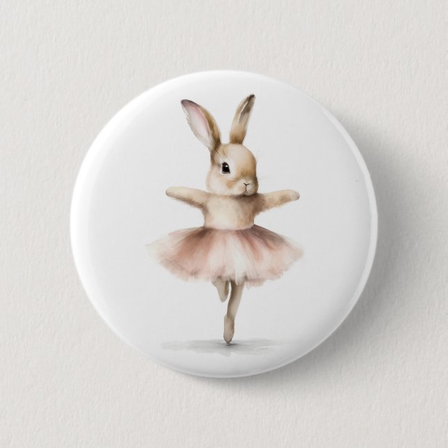 Aquarell Ballerina Bunny Dancing Tan Pink Button (Vorderseite)