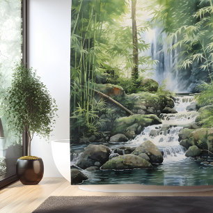Aquarell Bambuswald Wasserfall Duschvorhang