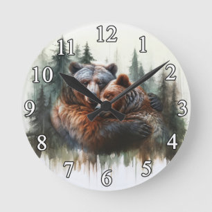Aquarell-Bären & Bäume rustikale Wildnis Runde Wanduhr