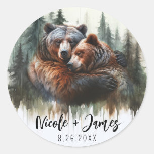 Aquarell-Bären-Rustikal-Wildnis-Hochzeit Runder Aufkleber