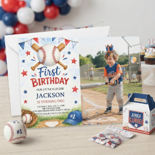 Aquarell-Baseball-Fotoeinladung zum 1. Geburtstag Einladung