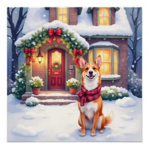 Aquarell Basenji Townhouse Weihnachtsfeier Poster