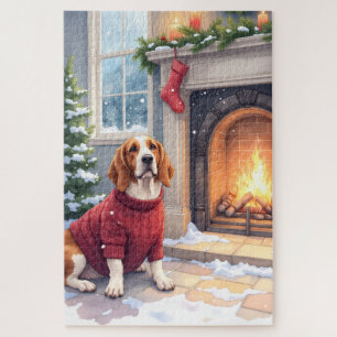 Aquarell-Basset-Hound-gemütlicher-Kamin-Weihnachte Puzzle