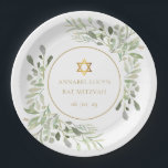 Aquarell Bat Mitzvah, Bar Mitzvah Pappteller<br><div class="desc">Dieses elegante Bat oder Bar Mitzvah Blätter mit delikaten Aquarellfarben und einem edlen Goldstar von David ist mit Ihren speziellen Event-Informationen personalisiert. Entwickelt von Thisisnotme©</div>