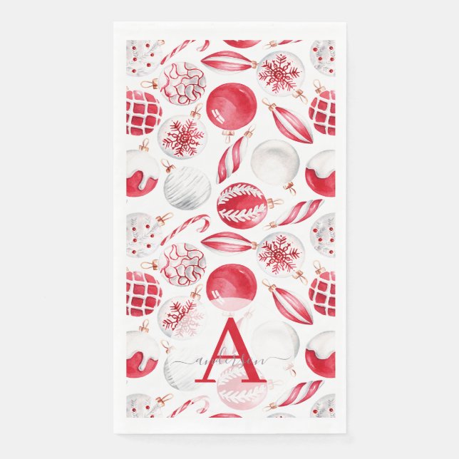 Aquarell Bauble Ornamente Mit Monogramm Weihnachte Serviette (Vorderseite)
