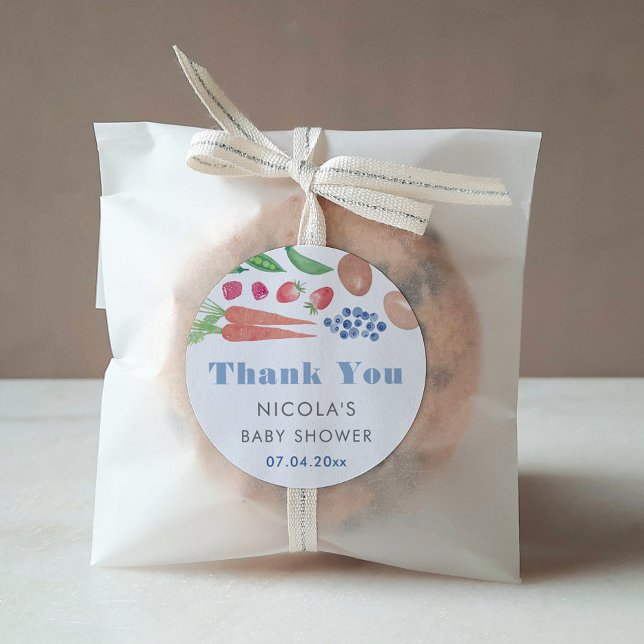 Aquarell Bauer Market Boy Baby Dusche Gefallen Runder Aufkleber (Thank you favor sticker for baby boy shower in a farmer's market or locally grown theme)