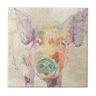 Aquarell-Bauernhof-Collagen-Schwein Fliese