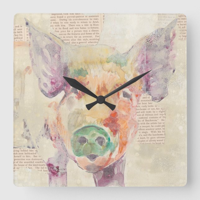 Aquarell-Bauernhof-Collagen-Schwein Quadratische Wanduhr (Vorderseite)