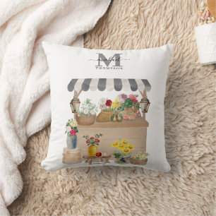 Aquarell-Bauernmarkt-Blumenwagen-Monogramm Kissen