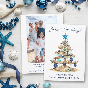 Aquarell-Baum-Meeres- und Gruß-Foto-Strand Feiertagskarte