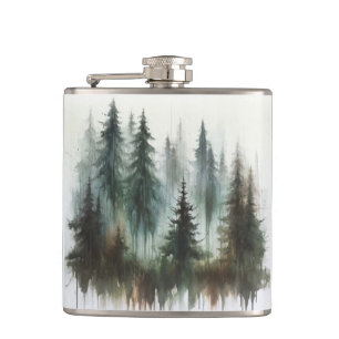 Aquarell Bäume Rustikale Wildnis Flachmann