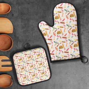 Aquarell-BBQ-Essen, Getränke und Desserts Muster Ofenhandschuh & Topflappen-Set