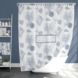 Aquarell Beach Corean Starfish Blau in Weiß Duschvorhang
