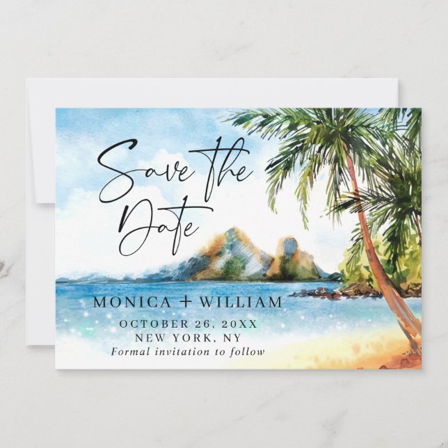 Aquarell Beach Sea Palm Tree Save the Date (Vorderseite)