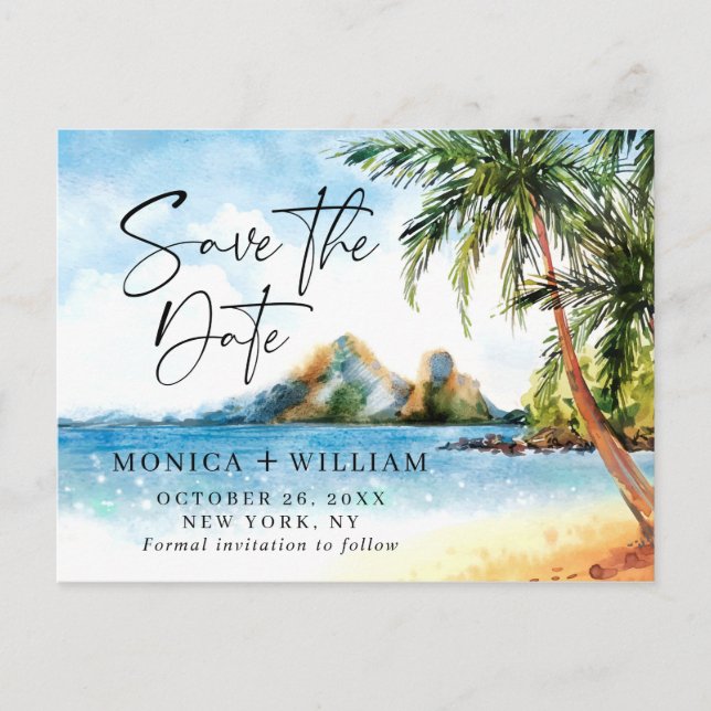 Aquarell Beach Sea Palm Tree Save the Date Postkarte (Vorderseite)