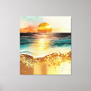 Aquarell Beach Sonnenuntergangsbilder mit Goldakze Leinwanddruck