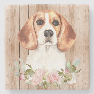 Aquarell-Beagle & Blumen  Steinuntersetzer