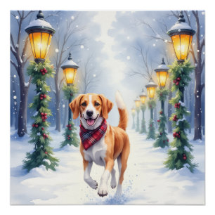 Aquarell-Beagle-Schneebedeckter-Park-Weihnachten-F Poster