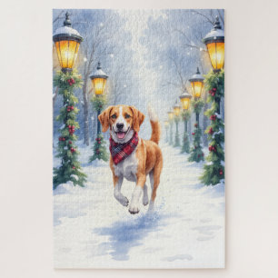 Aquarell-Beagle-Schneelandschaft-Weihnachten Puzzle