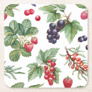Aquarell-Beeren-Illustration Nahtloses Muster Rechteckiger Pappuntersetzer