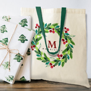 Aquarell-Beeren- und Stechpalmen-Kranz-Monogramm Tragetasche