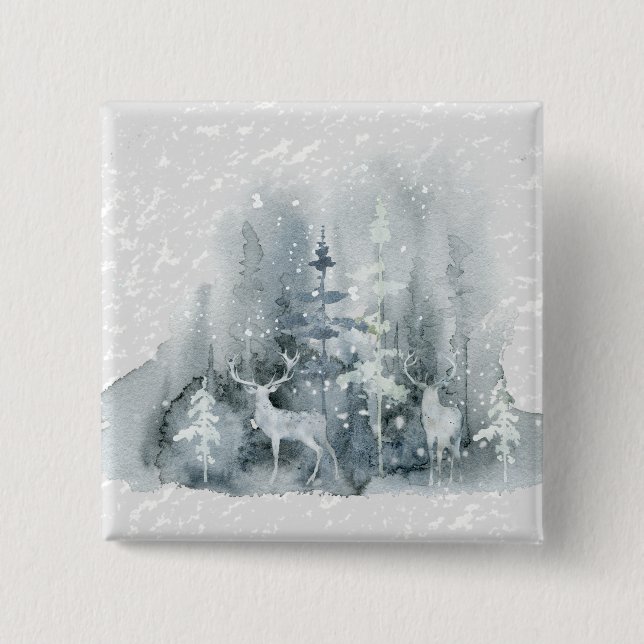 Aquarell, Bekleidung, Wald, Reh, Schnee, Bäume Button (Vorderseite)