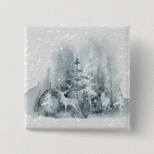 Aquarell, Bekleidung, Wald, Reh, Schnee, Bäume Button