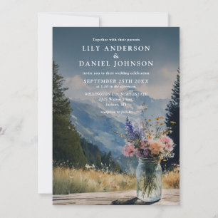 Aquarell-Berg-Blumen-Boho-Mason-Glas-Hochzeit Einladung