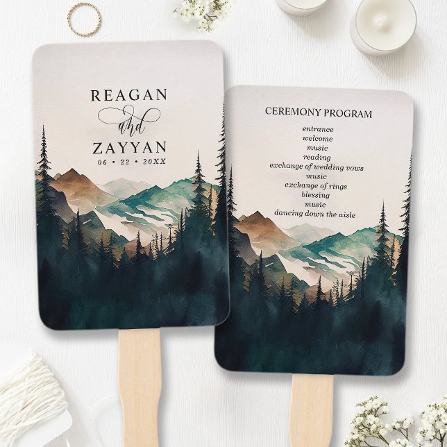 Aquarell-Berg-Kiefernwald-Hochzeitsprogramm Fächer (Von Creator hochgeladen)