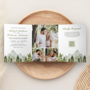 Aquarell-Berg-Kiefernwald-QR-Code-Hochzeit Dreifach Gefaltete Einladung