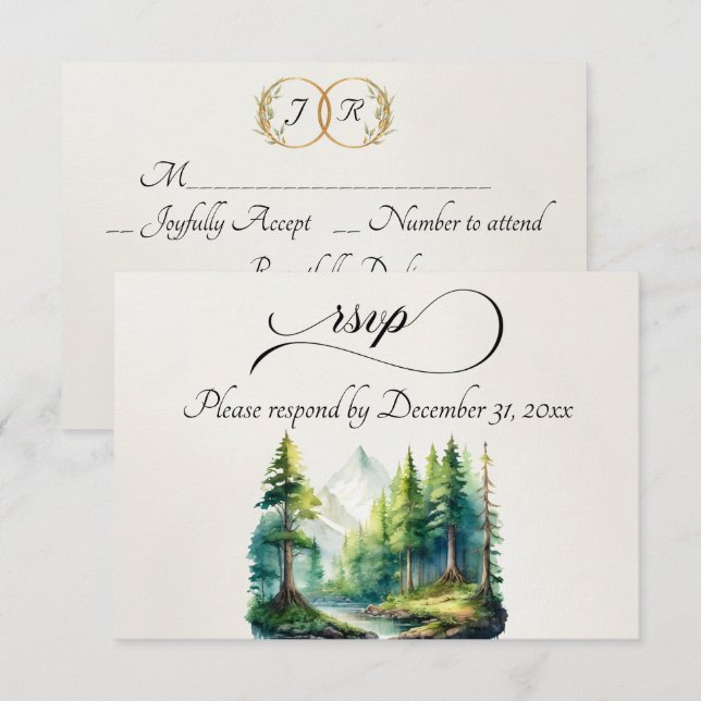 Aquarell-Berg & Monogramm RSVP Karte (Vorne/Hinten)