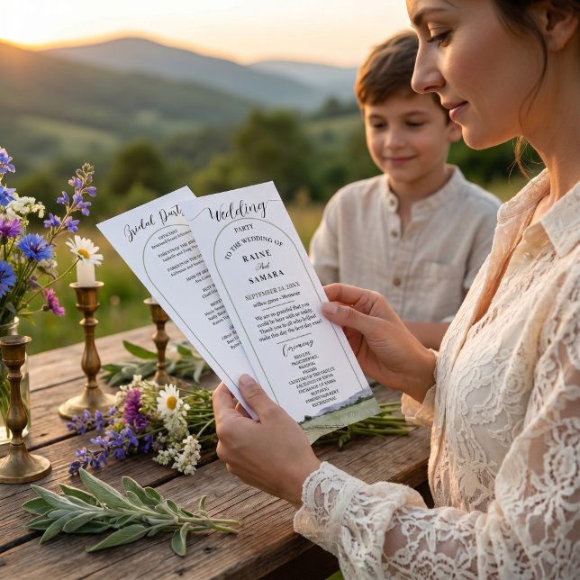 Aquarell Berg Wildblume Salbei Grün Boho Programm (Watercolor Mountain Wildflower Sage Green Boho Wedding Arch Program)