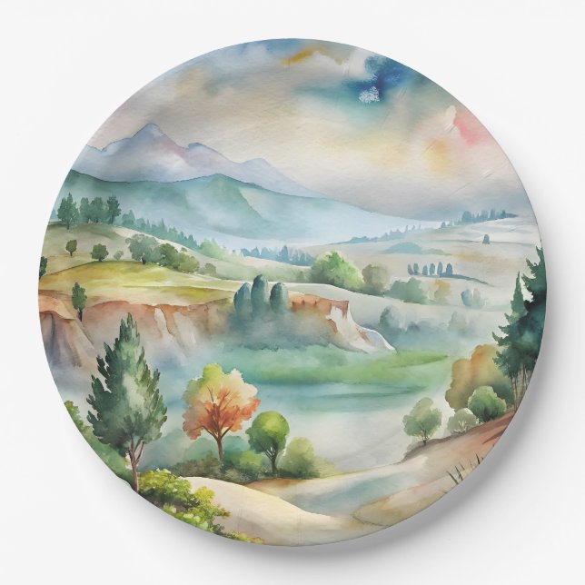 Aquarell-Berglandschaft Pappteller (Vorderseite)