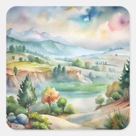Aquarell-Berglandschaft Quadratischer Aufkleber