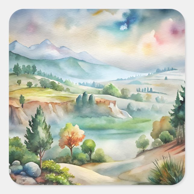 Aquarell-Berglandschaft Quadratischer Aufkleber (Vorderseite)