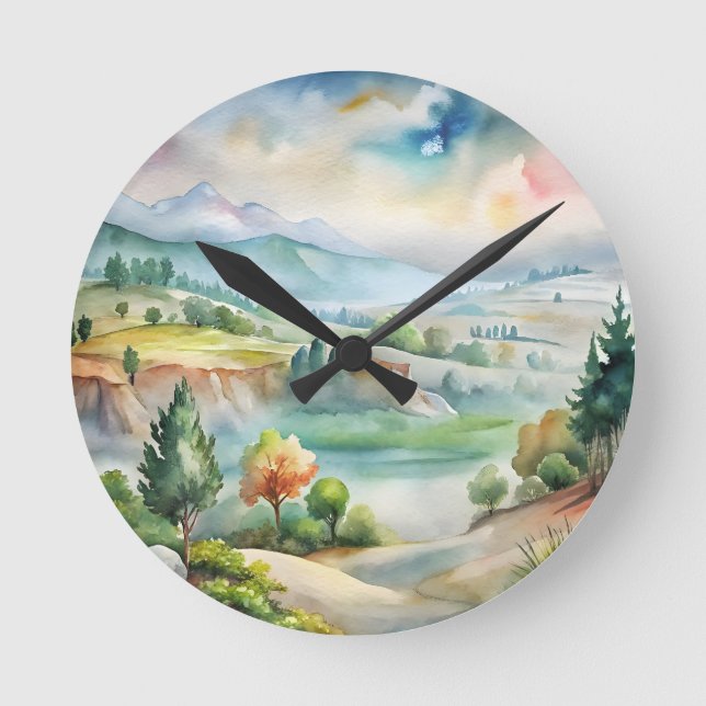 Aquarell-Berglandschaft Runde Wanduhr (Vorderseite)