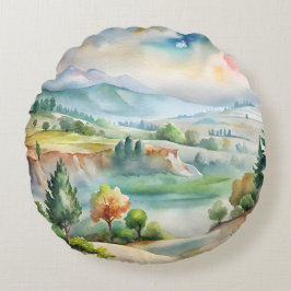 Aquarell-Berglandschaft Rundes Kissen