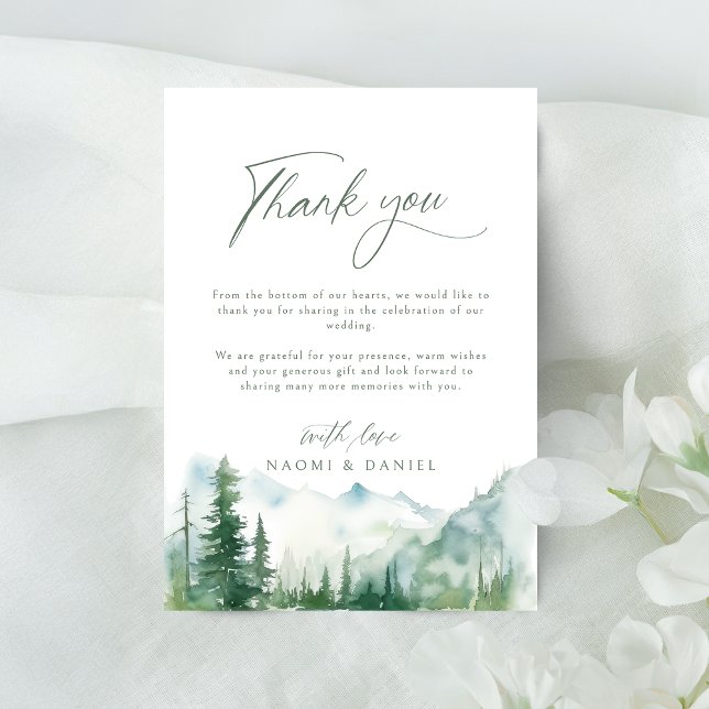 Aquarell-Bergwald-Rustikale-Hochzeit Dankeskarte (Watercolor Mountain Forest Rustic Wedding Thank You Card)