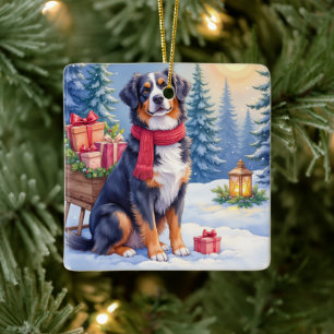 Aquarell Berner Sennenhund Schlitten Weihnachten Keramikornament