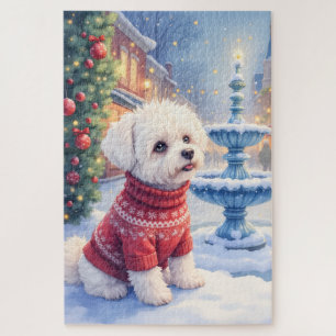 Aquarell Bichon Frise Festlicher Brunnen Weihnacht Puzzle