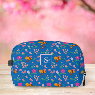Aquarell Biene & rosa Wildblumen Monogramm Blau Waschbeutel