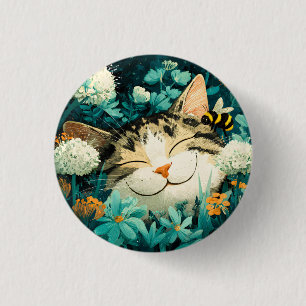 Aquarell-Biene Schlafende Katze Blumen Garten Button