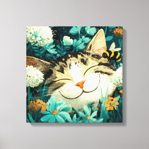 Aquarell-Biene Schlafende Katze Blumen Garten Leinwanddruck