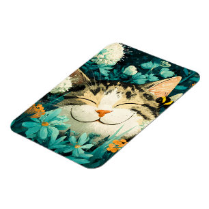 Aquarell-Biene Schlafende Katze Blumen Garten Magnet