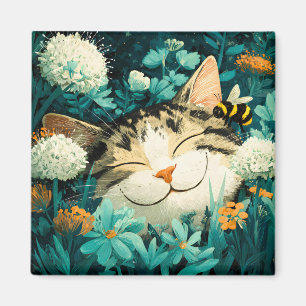 Aquarell-Biene Schlafende Katze Blumen Garten Magnet