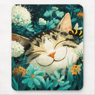 Aquarell-Biene Schlafende Katze Blumen Garten Mousepad